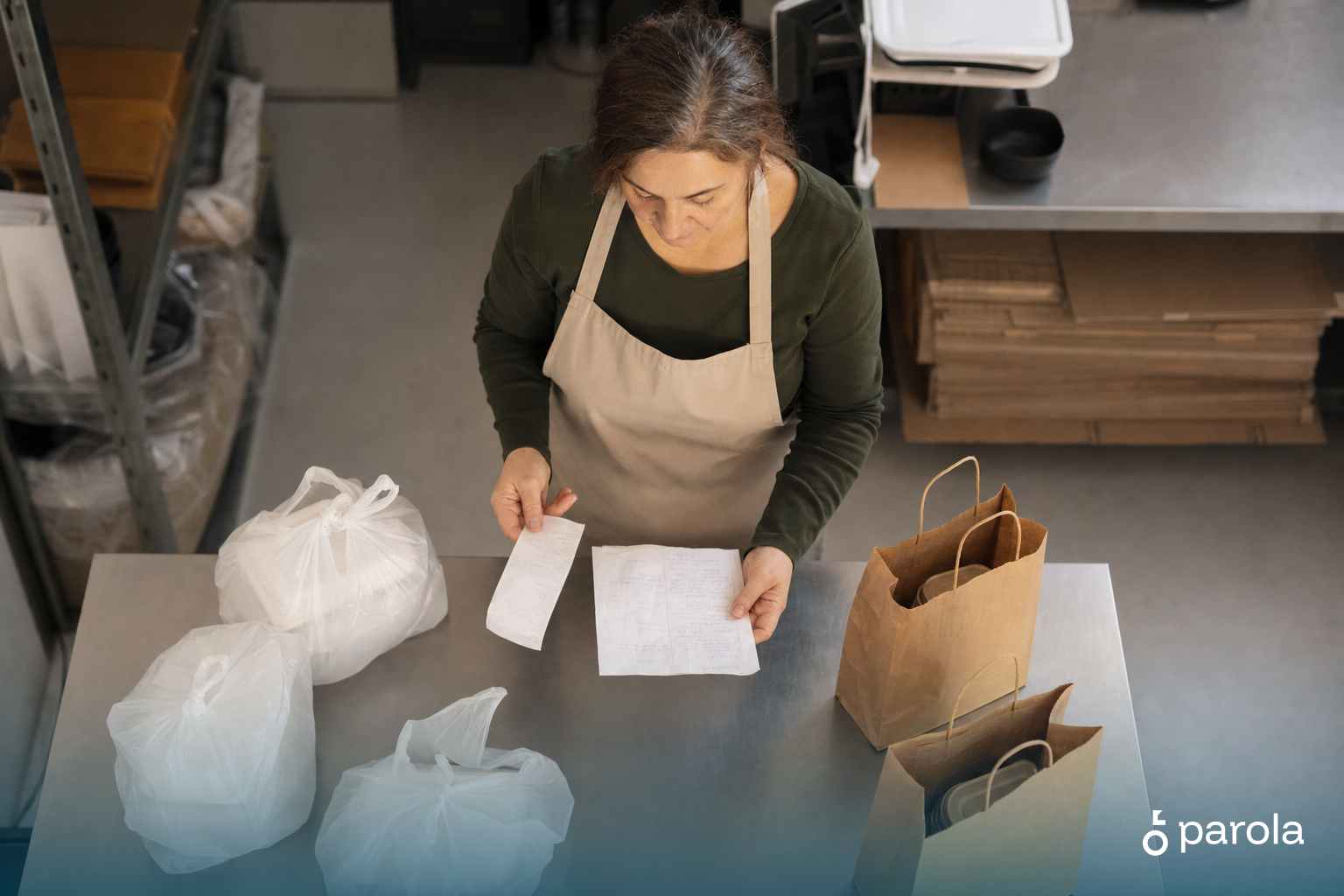Tezgahta sipariş fişi, paketler ve teslimat adresi notlarını karşılaştıran restoran çalışanı