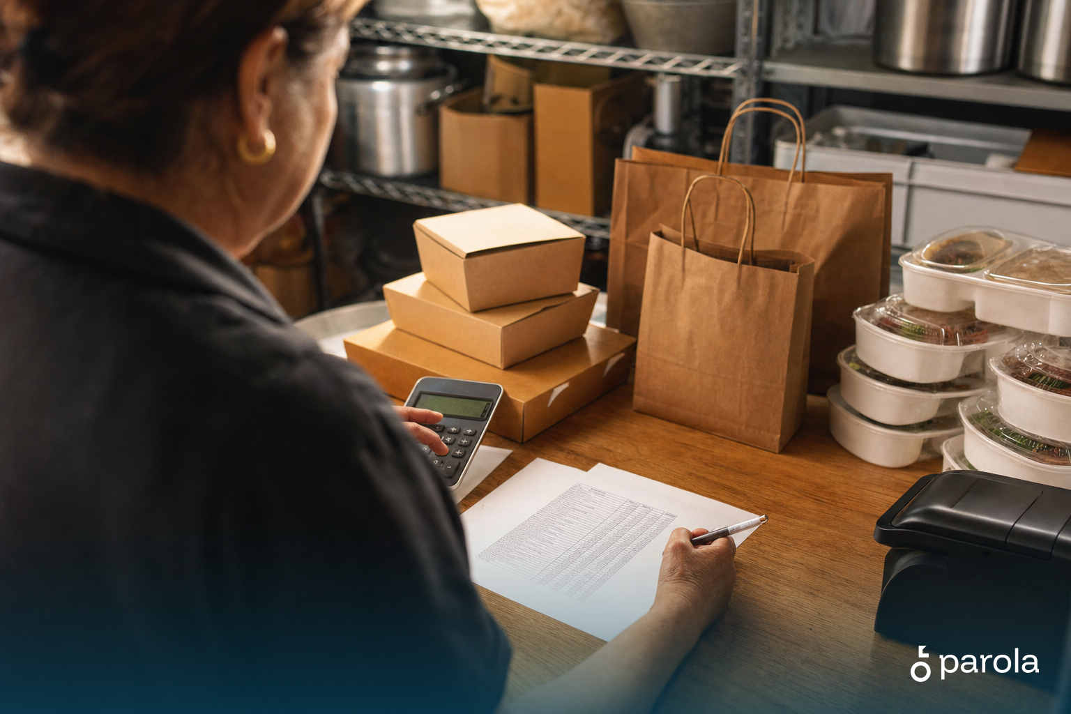 Restoran maliyet hesabı tablosunu inceleyen işletme sahibi, yanında paketlenmiş siparişler ve kasa