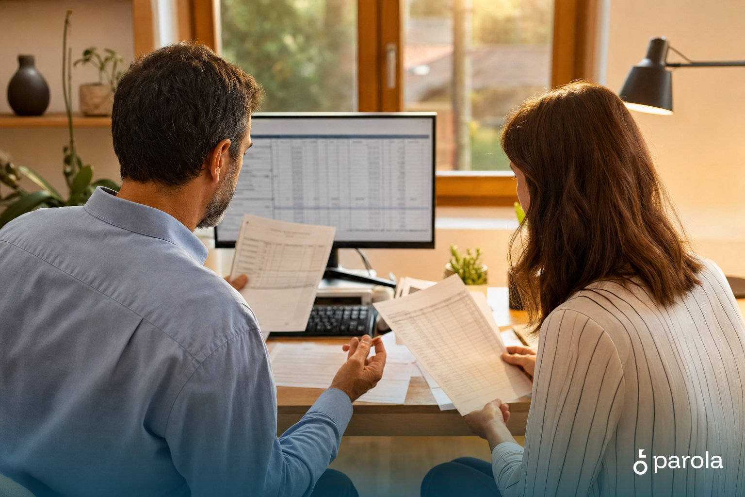 Masa üstünde satış belgeleri, alış kayıtları ve ödeme notlarını karşılaştıran işletme sorumlusu